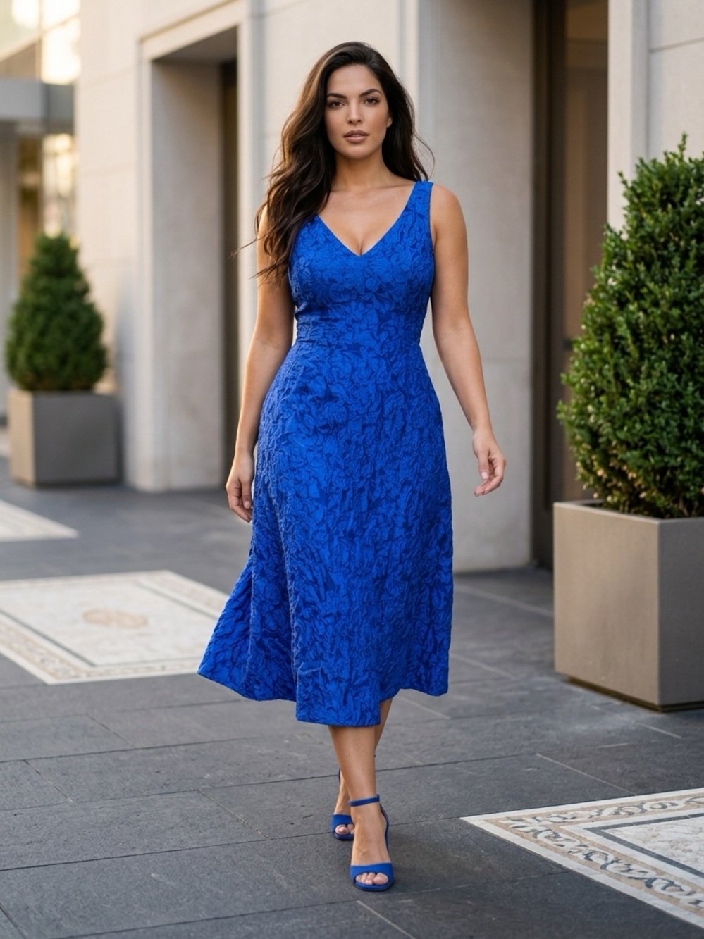Rickie Freeman Teri Jon Womens Floral V-Neck Midi Dress .